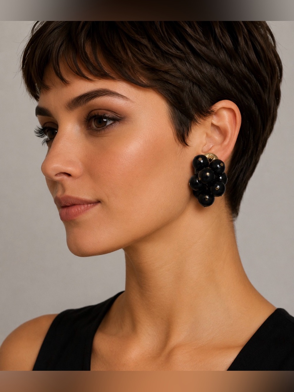Elegant Black Beaded Statement Earrings with Gold Accents